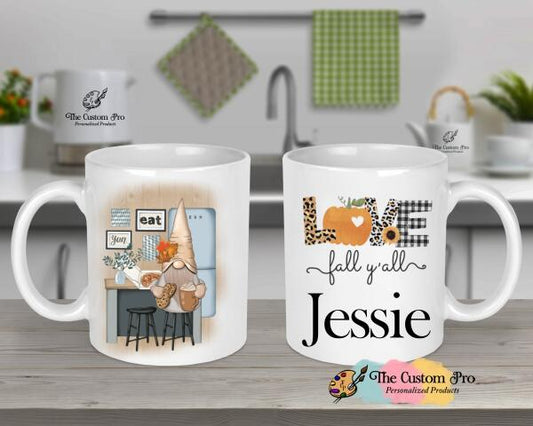 Custom Fall Gnome Eating Cookies in the Kitchen Ceramic Mug - Personalized with any name